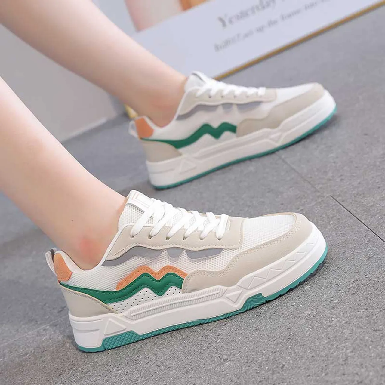 White green wave accents pattern shoe sneaker