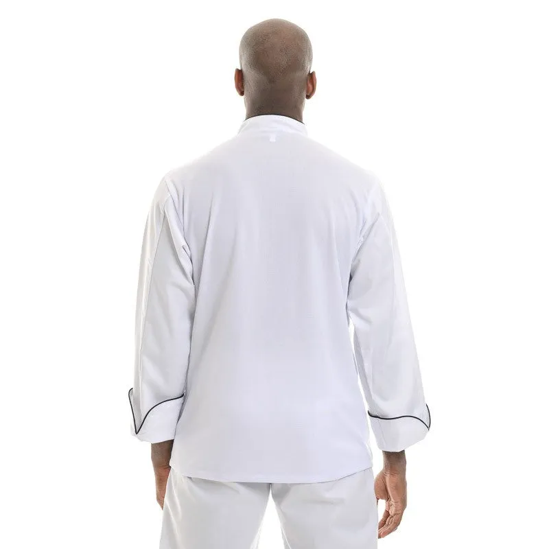 White Short Sleeve or Long Sleeve Kitchen Coat with Black Piping - MANELLI