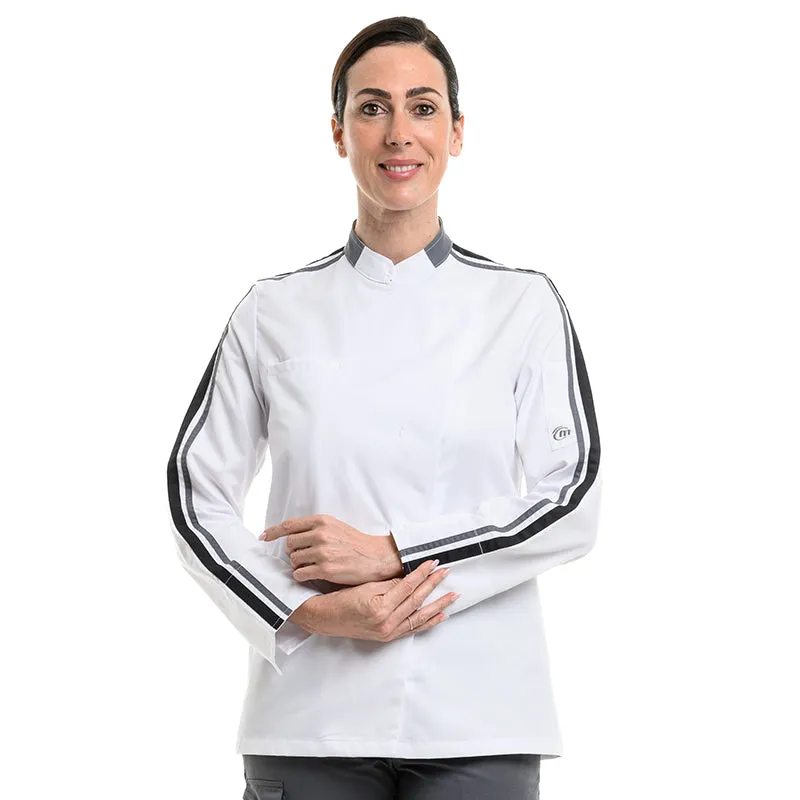 Women Long Sleeve White Kitchen Coat with Black Piping  - MOLINEL