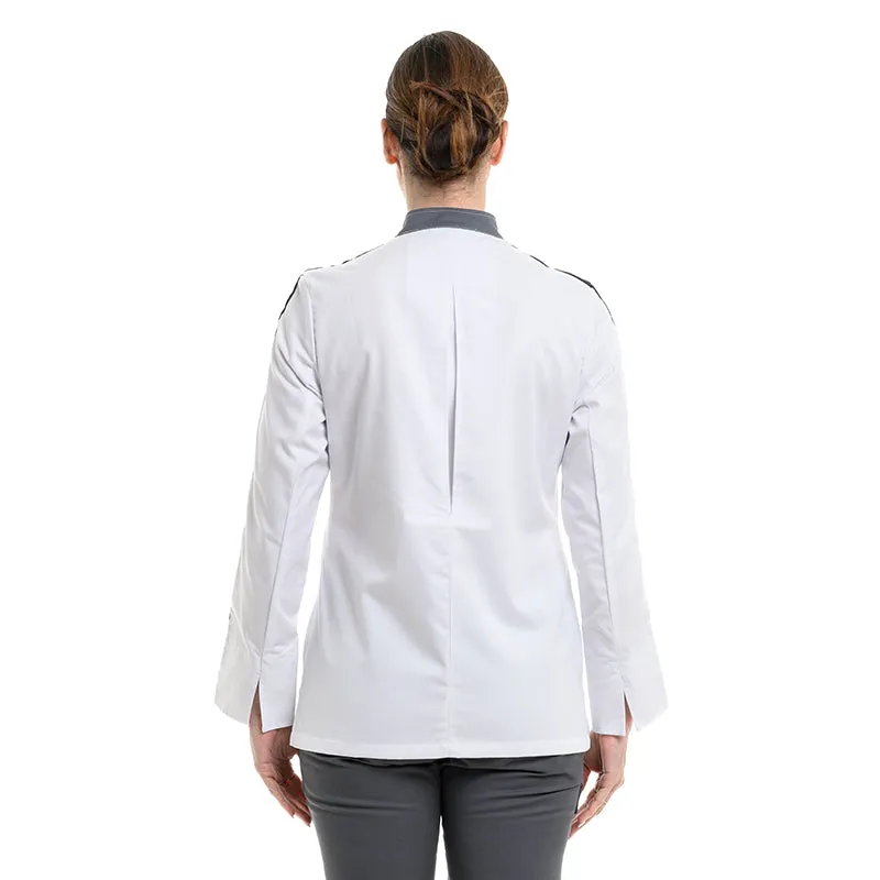 Women Long Sleeve White Kitchen Coat with Black Piping  - MOLINEL