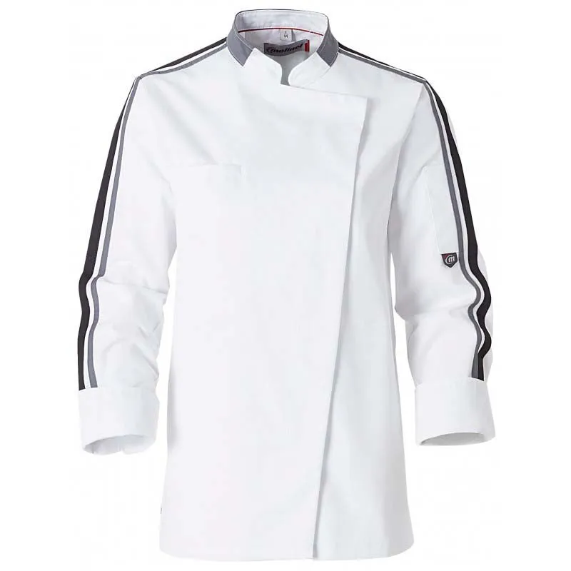 Women Long Sleeve White Kitchen Coat with Black Piping  - MOLINEL