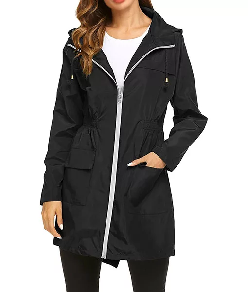 Womens Black Zipper Hooded Rain Coat | TLC