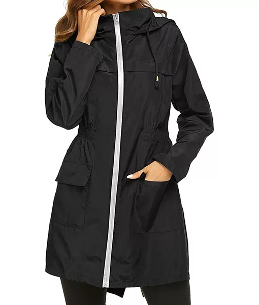 Womens Black Zipper Hooded Rain Coat | TLC