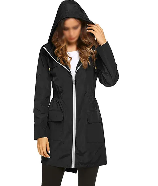 Womens Black Zipper Hooded Rain Coat | TLC