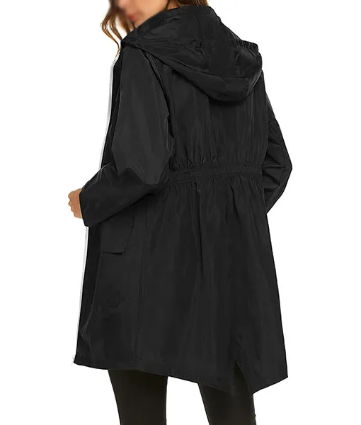 Womens Black Zipper Hooded Rain Coat | TLC