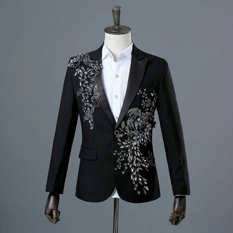 Xituodai Fashion Embroidery Sequins Floral Suit Blazer Men One Button White 2 Piece Suit (Jacket+Pants) Party Stage Singer Wear 