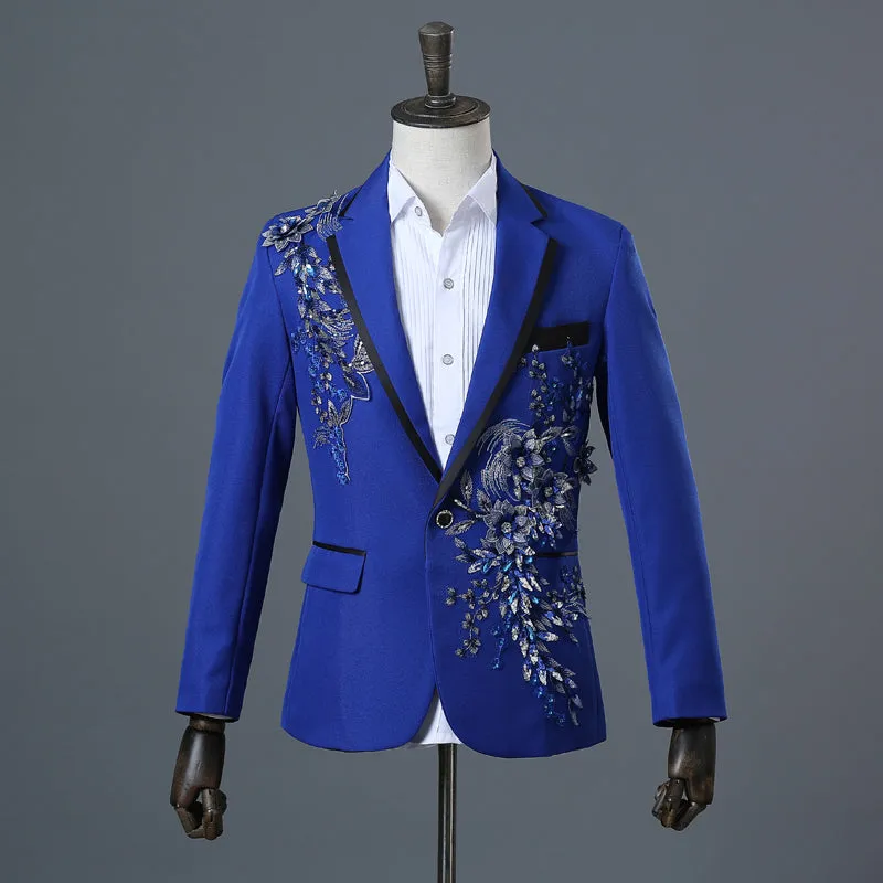 Xituodai Fashion Embroidery Sequins Floral Suit Blazer Men One Button White 2 Piece Suit (Jacket+Pants) Party Stage Singer Wear 