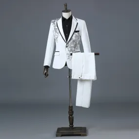 Xituodai Fashion Embroidery Sequins Floral Suit Blazer Men One Button White 2 Piece Suit (Jacket+Pants) Party Stage Singer Wear 