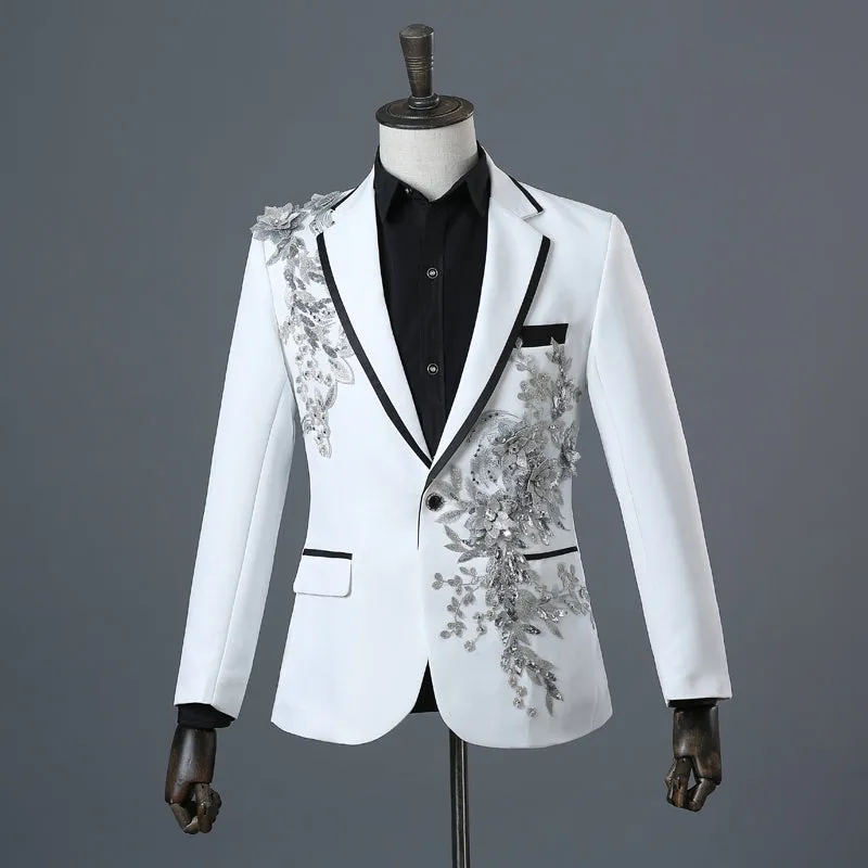 Xituodai Fashion Embroidery Sequins Floral Suit Blazer Men One Button White 2 Piece Suit (Jacket+Pants) Party Stage Singer Wear 