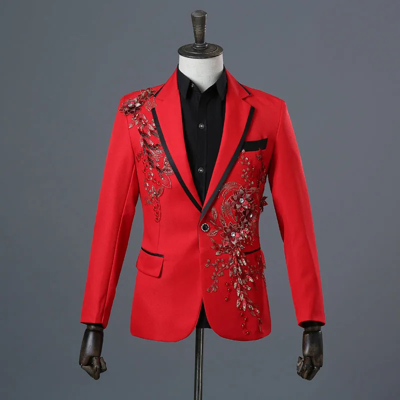 Xituodai Fashion Embroidery Sequins Floral Suit Blazer Men One Button White 2 Piece Suit (Jacket+Pants) Party Stage Singer Wear 