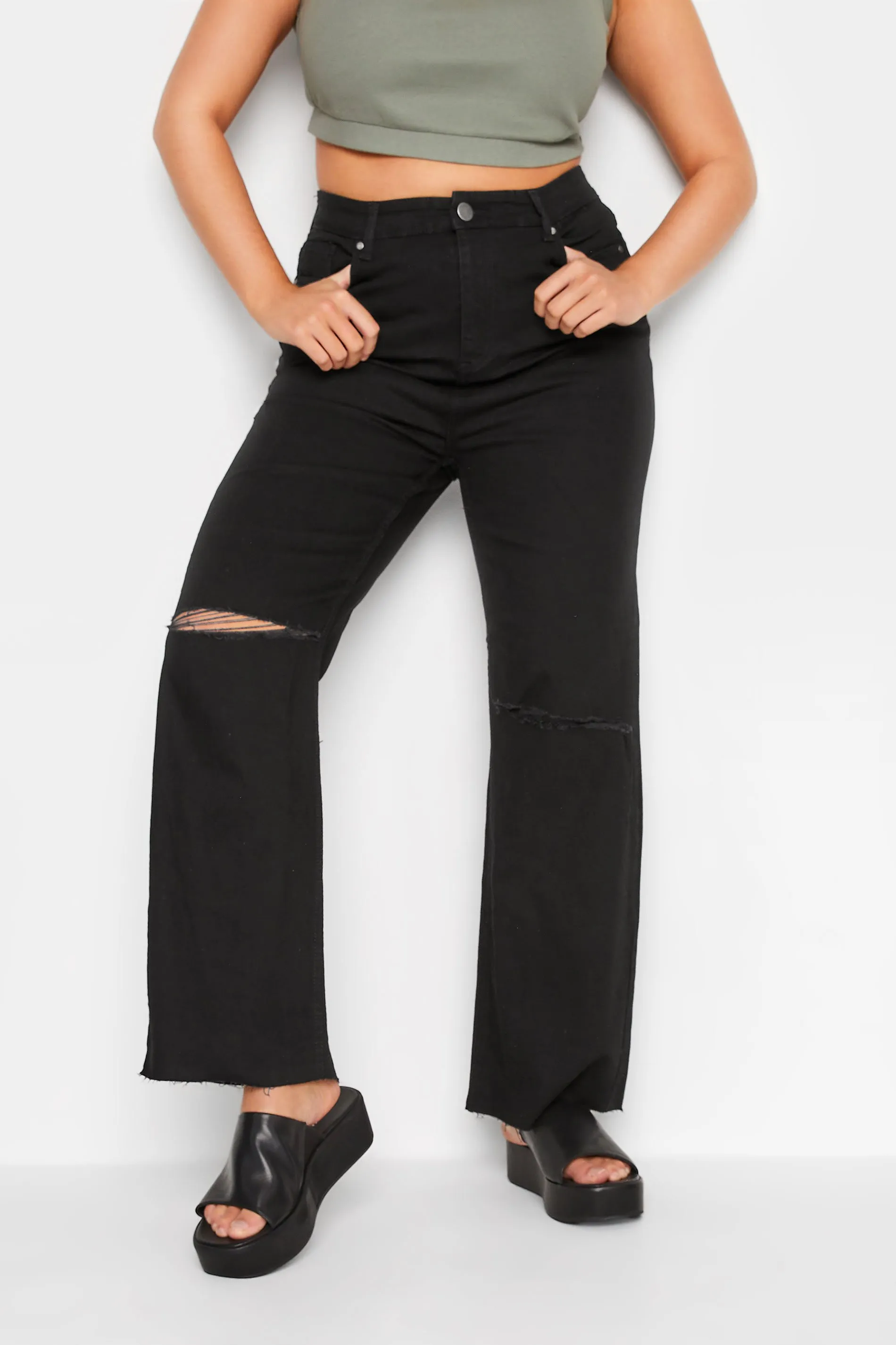 YOURS Curve Black Ripped Wide Leg Stretch Jeans