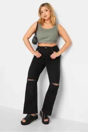 YOURS Curve Black Ripped Wide Leg Stretch Jeans